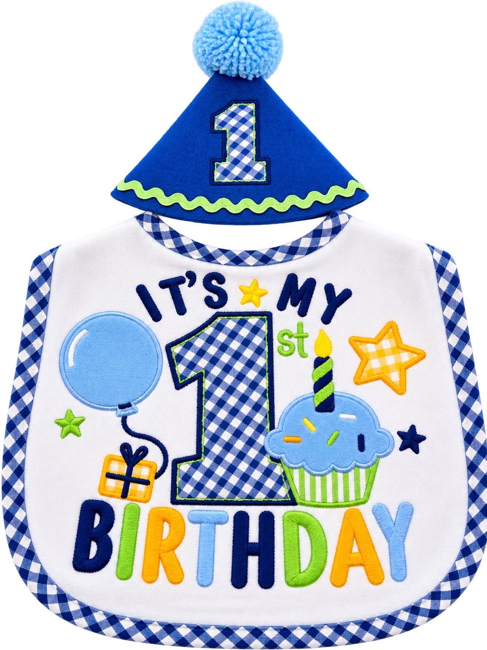 NWT Baby Essentials Blue and White First Birthday Bib & Party Hat Set